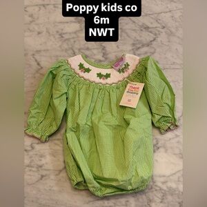 Poppy Kids Co Green Gingham Smocked One-Piece Christmas holly